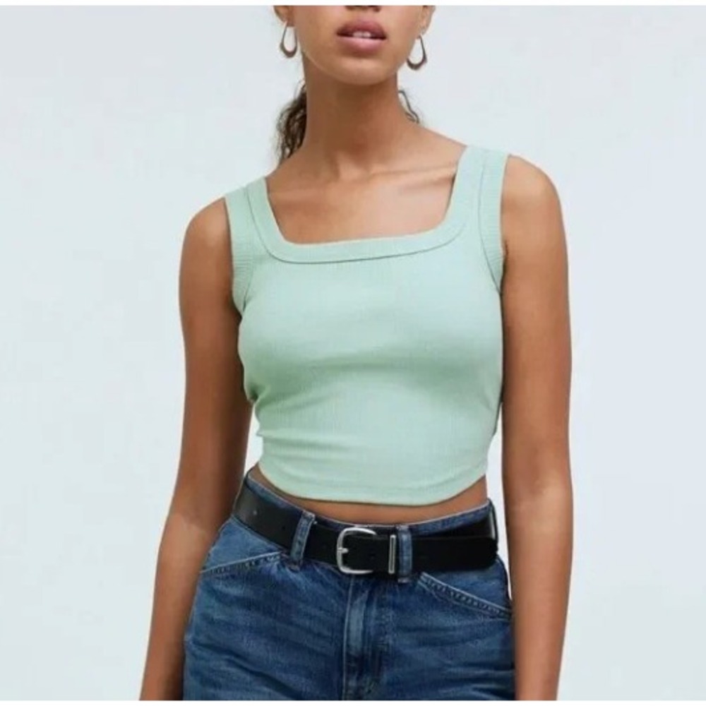 Madewell Bright Sage Ribbed Square Neck Tank Top Curved Hem NL398 Green Size L